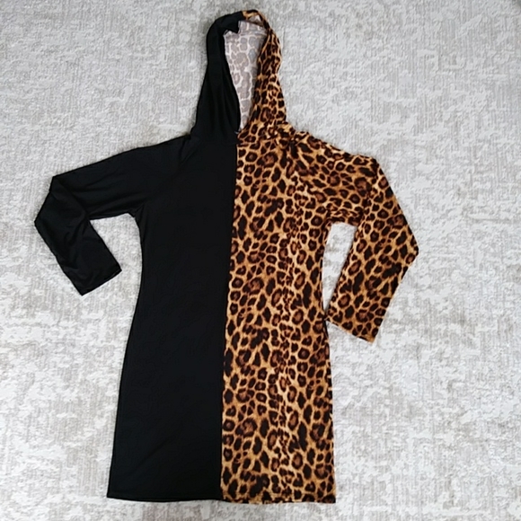 NWOT Arabella Color Block Leopard Print Hooded Dress XL Black Brown - Picture 1 of 16